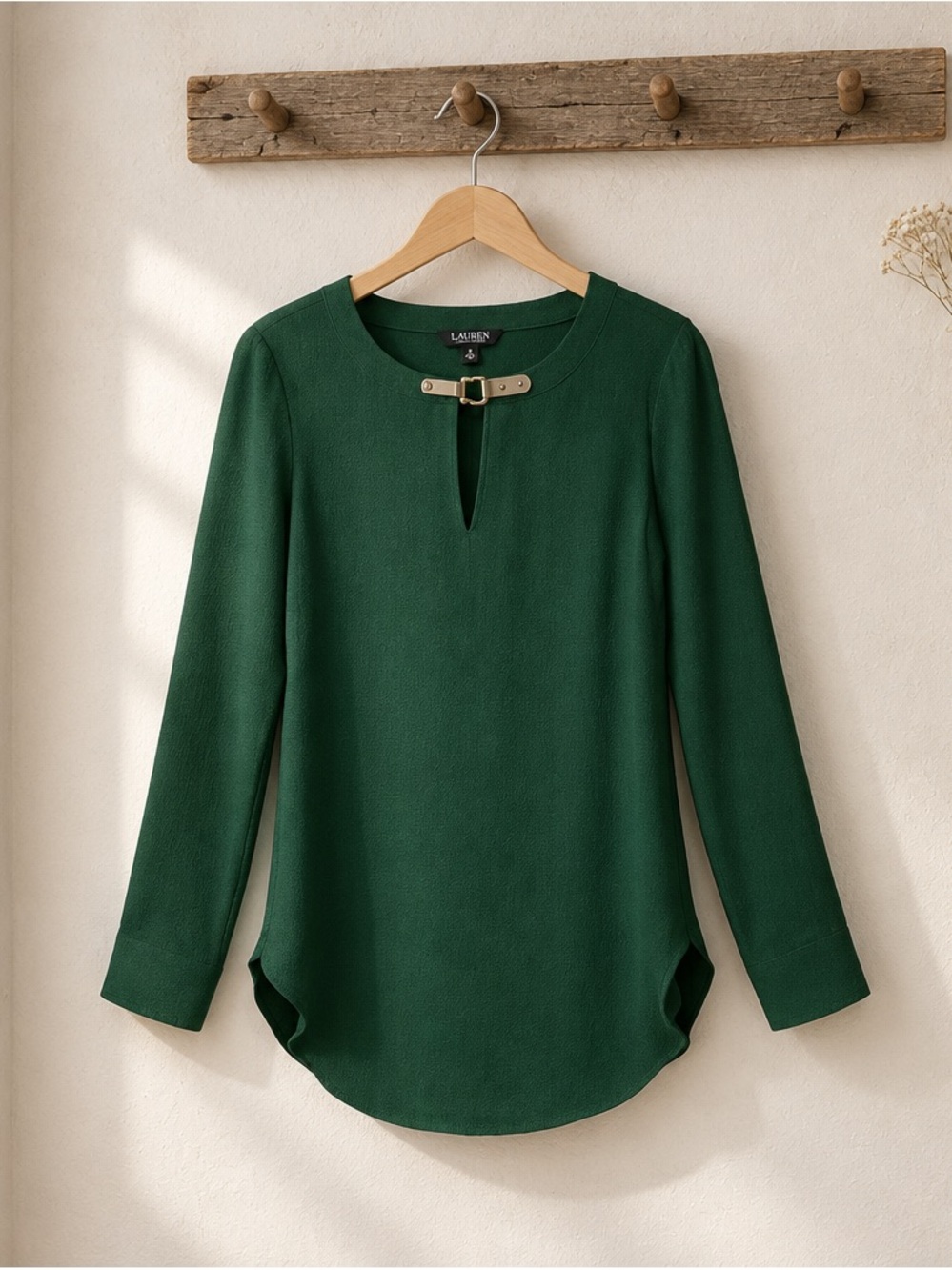 Lauren Ralph Lauren Long Sleeve Split Neck Top ~ Deep Pine ~ Size Medium
